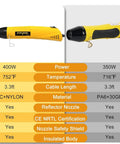 Yellow Stearnel heat gun shown in front and side views with black nozzle and metal kickstand.