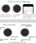 Wireless Bluetooth Car Media Button With Steering Wheel Remote Easy Music Play Pause Skip Volume Control Works With iOS And Android Car Kit Receiver CR2032 Battery Included instructions image, showing setup steps and button functions.