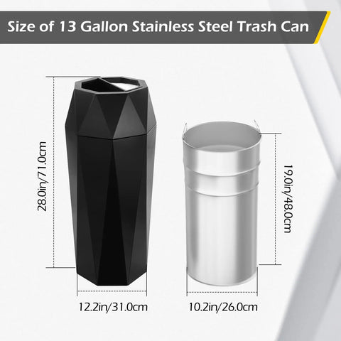 Size comparison of Top Shelf Commercial Trash Can And Outdoor Garbage Bin With Snug Lid Super Tough Stainless Steel Waste Container Made To Take A Beating For High Traffic Shops Or Offices Matte Black Trim.
