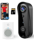 2K Video Doorbell With Full Body View And AI Detection, night vision feature shown with smartphone, chime, and SD card.