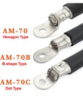 Heavy Duty Pneumatic Terminal Crimping Tool With No Sweat Air Pressure Adjustment For Semi Automatic Cold Press And Non Insulated Cable Lugs Professional Grade Workhorse showing AM-70 hexagon, AM-70B B-shape, AM-70C dot type cable lugs.