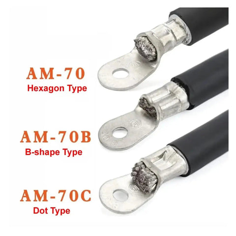 Heavy Duty Pneumatic Terminal Crimping Tool With No Sweat Air Pressure Adjustment For Semi Automatic Cold Press And Non Insulated Cable Lugs Professional Grade Workhorse showing AM-70 hexagon, AM-70B B-shape, AM-70C dot type cable lugs.