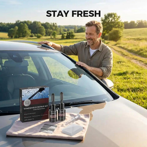 Man using DIY Windshield Crack Repair Kit for Cars No Brainer, 2026 Multi Functional Glass Repair Set next to car windshield