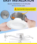 Installation demo of Dope 5/6 Inch Dimmable LED Can Light Kit - 12W, showcasing dimensions and fitting instructions.