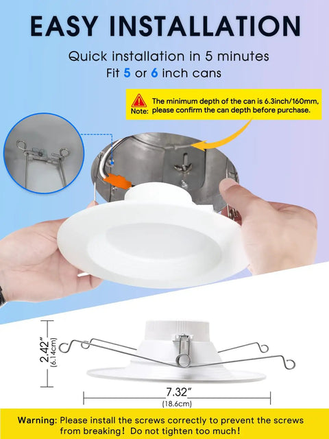 Installation demo of Dope 5/6 Inch Dimmable LED Can Light Kit - 12W, showcasing dimensions and fitting instructions.