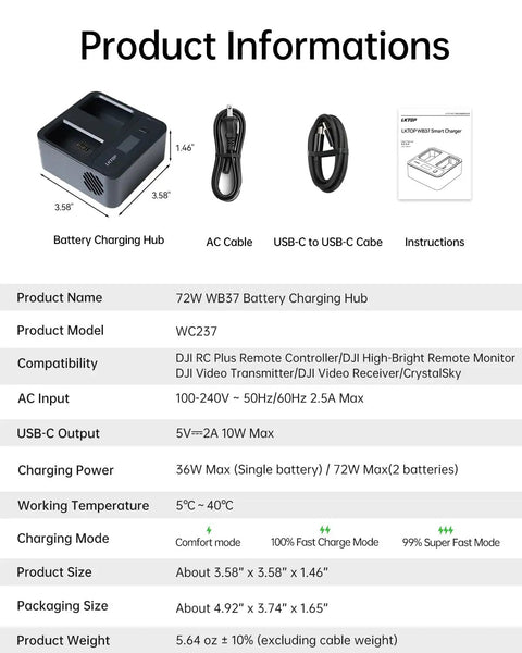 Product information sheet for DJI WB37 Battery Charging Hub 72W USB C Fast Charger, including contents and specifications.