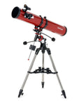 Reflector Telescope With Equatorial Mount 114mm Aperture 900mm Focal Length Stainless Steel Tripod Red Dot Finder displayed on stand