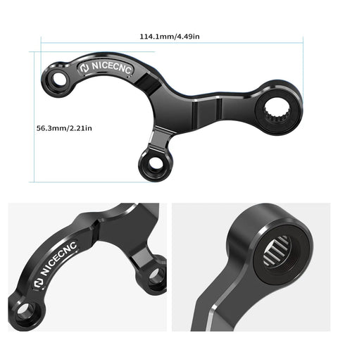 Gear Shift Stabilizer For Yamaha Tenere 700 MT-07 Pro Riders Upgrade To Prevent Mis Shifts And False Neutrals, Tightens Lateral Gear Shaft Movement For Clean, Confident Shifts On Street Or Trail; black metal stabilizer with dimensions.