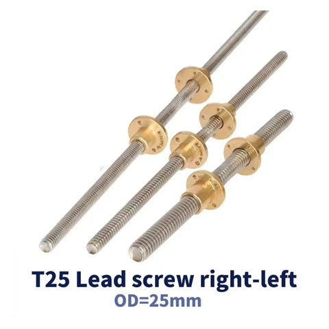 Top Shelf 304 Stainless Steel Trapezoidal Lead Screw T25 Acme 25Mm Od With Copper Nut Left And Right Hand Threads Runs Smooth As Butter For 3d Printer CNC Router And Stepper Motor Builds Built Serious For Your Next Project, showcasing T25 lead screws with copper nuts.