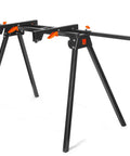 Hella Solid Collapsible Miter Saw Stand Supports 350 Lb Crush Framing Jobs With Ease Extends 80 Inches Packs Flat For Easy Hauling Universal Fit Locks Tight Level Up Your Workshop Game Instantly, black metal frame with adjustable supports.