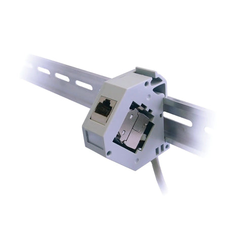 DIN Rail Snap-In Keystone Jack Mounting Enclosure Module With Plastic Left Cover And Grounding Spring For 35mm DIN Rail installed