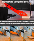 Durable Heavy Duty Table Saw Push Stick And Ergonomic Woodworking Safety Block in use with a wooden workpiece during cutting.
