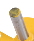 Close-up of Lock Miter Router Bit For 45 Degree Wood Joinery Cut With Sturdy Alloy Build, showing yellow tip and metal shank.