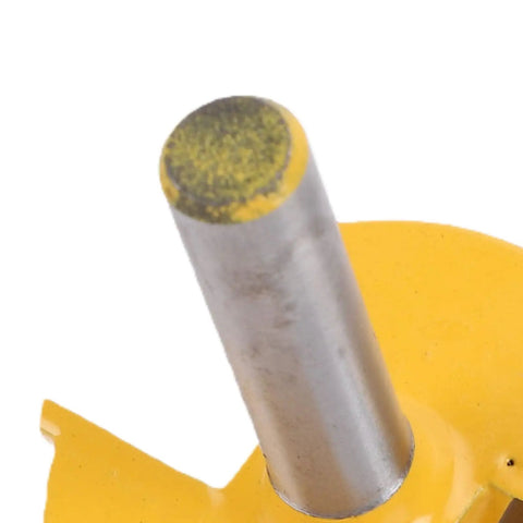 Close-up of Lock Miter Router Bit For 45 Degree Wood Joinery Cut With Sturdy Alloy Build, showing yellow tip and metal shank.