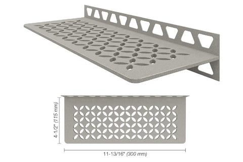 Rectangular Shower Shelf For Tiled Walls 4mm Thick Aluminum Floral Design Stone Grey Finish Easy Installation, top and side view