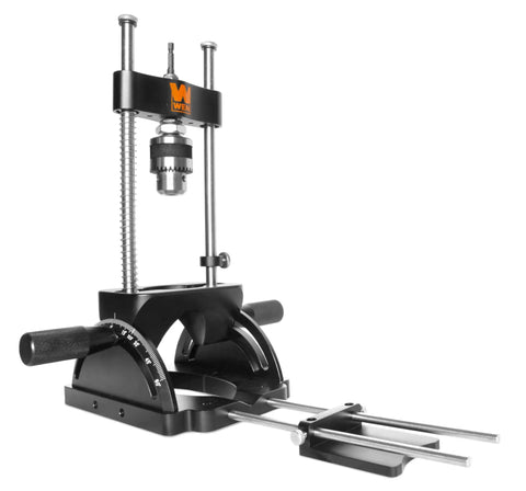 Heavy Duty Portable Drill Guide Slick Adjustable Drill Press Attachment No Sweat Precision Woodworking Tool Beast Mode with aluminum base.