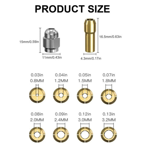 Heavy Duty Drill Chuck Collet Set Replaces 1-32 Inch To 1-8 Inch Keyless Rotary Tool Adapter, showcasing product size measurements.