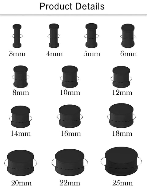 Silicone Ear Gauge Stretching Kit 13 Pairs Black Soft Tunnels Plugs Double Flared Gauges Starter Set 8G To 25mm sizes displayed.
