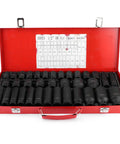 Top Notch 35 Piece Metric Hex Socket Impact Kit With Long And Short Drive Sleeves For Hardcore Automotive Jobs Built From Tough Chrome Vanadium Steel To Handle Heavy Duty Grips And Rust Free Durable Performance Every Single Time in red case