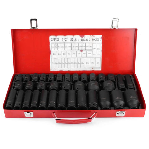 Top Notch 35 Piece Metric Hex Socket Impact Kit With Long And Short Drive Sleeves For Hardcore Automotive Jobs Built From Tough Chrome Vanadium Steel To Handle Heavy Duty Grips And Rust Free Durable Performance Every Single Time in red case