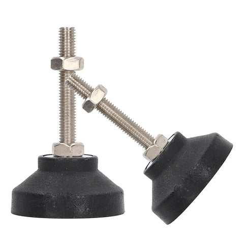 Heavy Duty Swivel Leveling Mounts With Tough Adjustable Furniture Feet Bringing Rock Solid Stability And Knocked Out Wobble Featuring Round M8 Base Durable Alloy Steel Nylon Rubber Design Perfect For Tables Chairs And Shelving Includes Two Piece Set, showing two mounts with black rubber bases and metal threads.