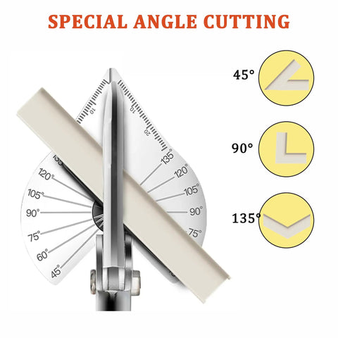 Adjustable Miter Shears For Wood Trim And Molding, 45 To 135 Degree Cutting, DIY Friendly Multi-Angle Cutter For PVC, Plastic, Soft Wood, MDF, Foam, And Round Molds, Includes Three Replacement Blades And A Sharp SK5 High-Carbon Steel Blade, shown at 45, 90, and 135 degrees
