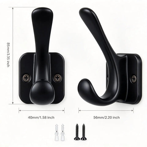 Top Shelf Matte Black Wall Coat Hooks Four Pack, durable aluminum alloy hooks with dimensions for easy installation.