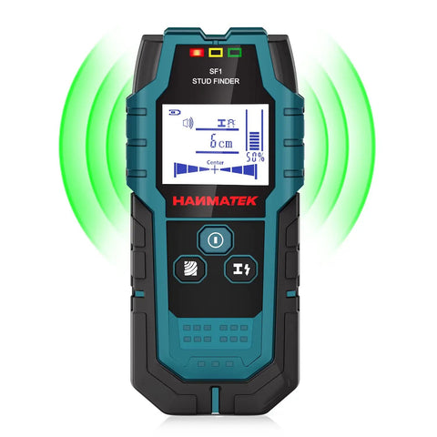 Pro 5 In 1 Stud Finder Wall Scanner With Smart Sensor Audio Alarm And HD LCD Display showing measurements and signal waves.