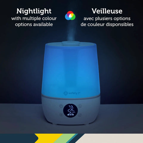 Filter Free Humidifier With Auto Humidity Control And Hygrometer, Detects Temperature And Humidity Levels, Night Light With Cool Color Options, Night Mode Shuts Off All Lights Including LCD, White Finish; emits blue light.