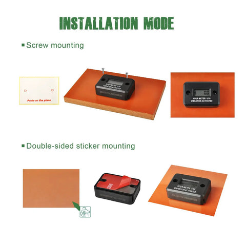 Vibration Hour Meter With IP68 Waterproof Case, Wireless Operation And Maintenance Reminder For Gas And Diesel Engines, Tracks Total Hours With Easy Install LCD Readout, Built For Harsh Environments. screw and sticker mounting