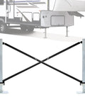X Brace Stabilizer Rear Cross Stand Mounting Bracket for RV Travel Trailer and Fifth Wheel, shown installed under RV