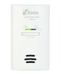 Front view of carbon monoxide detector plugs into wall with AA battery backup and test hush button 85 decibel alarm