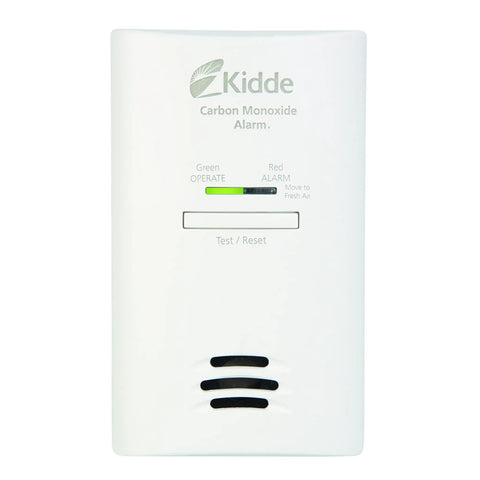 Front view of carbon monoxide detector plugs into wall with AA battery backup and test hush button 85 decibel alarm