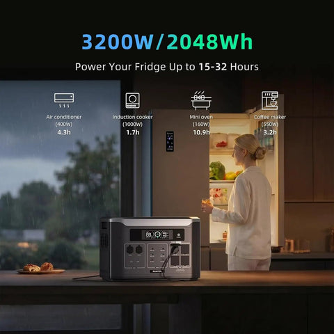 Rock Solid 3200 Watt Portable Power Station With 2048Wh LifePo4 Battery And 400W Solar Panel powering kitchen appliances.