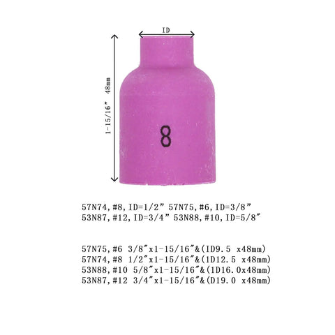 Pro Grade TIG Welding Ceramic Nozzle Cup Set Beefed Up 10 Pack showing size 8 cup for WP 17 18 26, high temperature resistant alumina