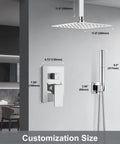 Ceiling Mount Shower System With Rain Showerhead And Handheld Spray High Pressure Chrome Finish 12 Inch Includes Rough In Valve And Trim Kit Rust Resistant SUS304 Stainless Steel With Silicone Nozzles For Easy Cleaning showing dimensions and customization options