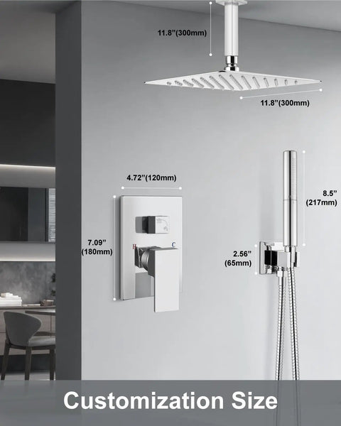 Ceiling Mount Shower System With Rain Showerhead And Handheld Spray High Pressure Chrome Finish 12 Inch Includes Rough In Valve And Trim Kit Rust Resistant SUS304 Stainless Steel With Silicone Nozzles For Easy Cleaning showing dimensions and customization options