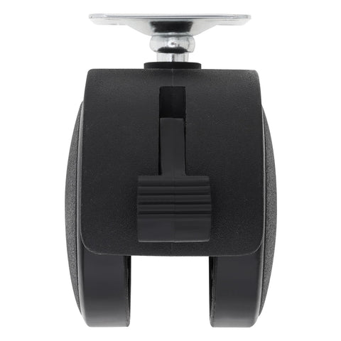 Front view of 2 inch caster wheels with brakes, featuring swivel nylon plate, part of set of 4 for rolling carts, chairs, and tables.