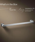 Illustration of Honesty 24 Inch Towel Bar In Polished Chrome For A Slick Bathroom Upgrade with installation kit details.