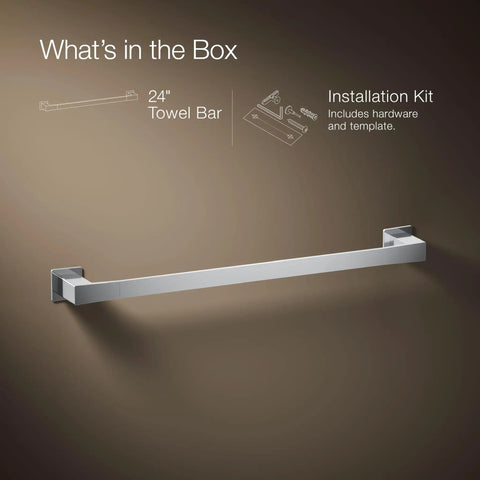 Illustration of Honesty 24 Inch Towel Bar In Polished Chrome For A Slick Bathroom Upgrade with installation kit details.