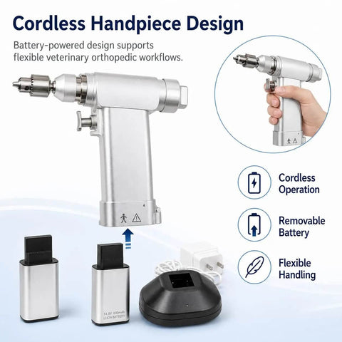 Professional Veterinary Mini Electric Bone Drill With Dual Batteries Adjustable Chuck And Sterilization Case For Sharp Small Animal Surgery Kicking Out 800 To 1200 Rpm Slick Operation, cordless handpiece design with batteries.