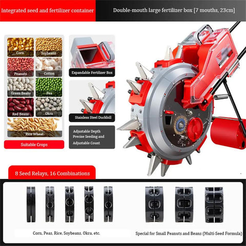 Hand Push Garden Seeder And Fertilizer Applicator for Easy Planting with adjustable depth and stainless steel duckbill.