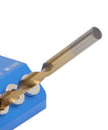 Top Shelf Aluminum Drill Guide Jig For Dead On 30 45 90 Degree Holes showing drill bit in metal guide, essential for accurate woodworking.
