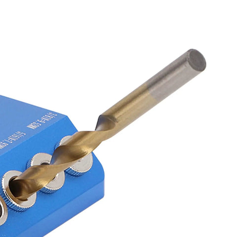 Top Shelf Aluminum Drill Guide Jig For Dead On 30 45 90 Degree Holes showing drill bit in metal guide, essential for accurate woodworking.