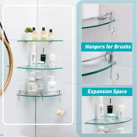 Glass Shower Shelves Three Tier Corner Organizer With Hangers, Durable Stainless Steel And Glass Shelves For Bathroom And Kitchen