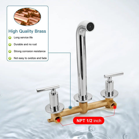 Long Reach Wall Mount Tub Filler With Two Level Handles Solid Brass High Flow Roman Tub Faucet 3 Hole Setup Rough In Valve Included Polished Chrome Built To Last with high-quality brass and polished chrome finish.