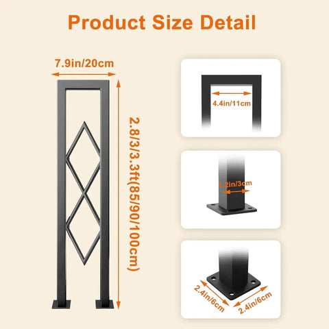 Product size detail for Level Up Your Staircase Setup With This Solid Black Wrought Iron U Shaped Handrail.