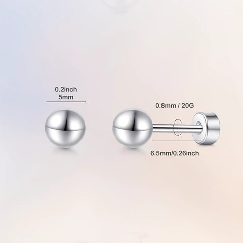 Heavy Duty Titanium Screw Back Flat Back Ball Stud Earrings For Women And Men With Hypoallergenic Nickel Free Build, 5mm ball size.