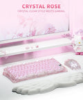 75 Percent Wireless Mechanical Gaming Keyboard With RGB Backlit Transparent PC Chassis Featuring Durable PBT Keycaps in pink color with matching mouse and wrist rest.