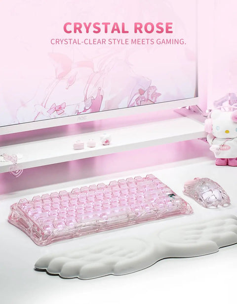 75 Percent Wireless Mechanical Gaming Keyboard With RGB Backlit Transparent PC Chassis Featuring Durable PBT Keycaps in pink color with matching mouse and wrist rest.